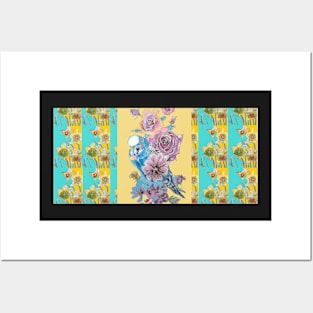 Budgie Blue on Yellow Daffodil Flower Pattern Posters and Art